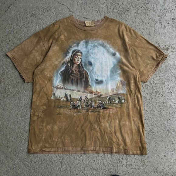 Vintage 90s The Mountain Tie Dye Brown Native American Nature Tee. Sz L - Picture 1 of 4